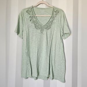 Chico's Mint Green V-Neck Tee with Crochet Trim